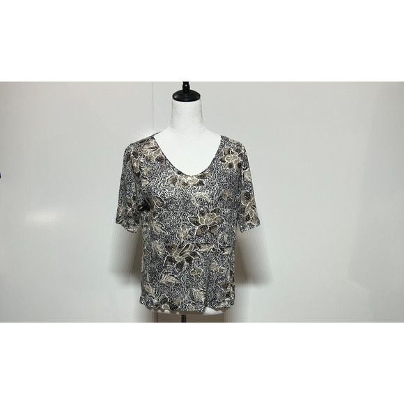 J Jill Top Womens Medium Black Tan Floral 100% Linen Short Sleeve Scoop Neck - Picture 2 of 8
